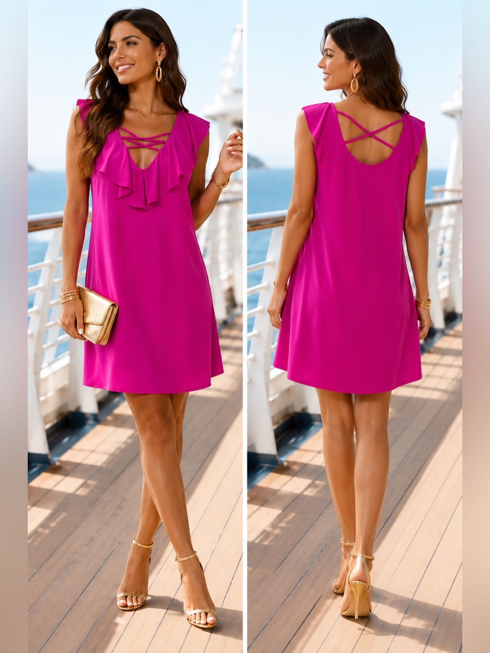 EUC Spense Fuchsia Ruffle Stretch Mini Dress with Crisscross Back